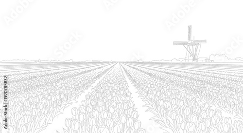 Monochromatic field of tulips and windmill landscape illustration