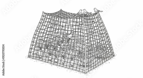 Abstract illustration of a cage with birds on top and inside monochrome concept