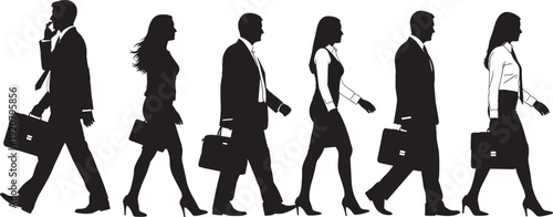 Black silhouette set of professional business people walking, corporate men and women in suits, office staff with briefcases, and leaders.