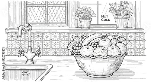 Black and white kitchen illustration with fruit bowl window and sink
