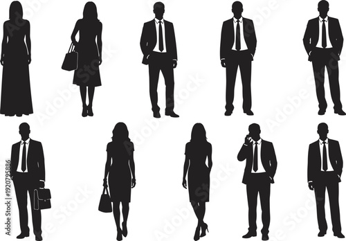 Black silhouette set of professional business people, corporate men and women in suits, office staff walking, and leaders with briefcases.