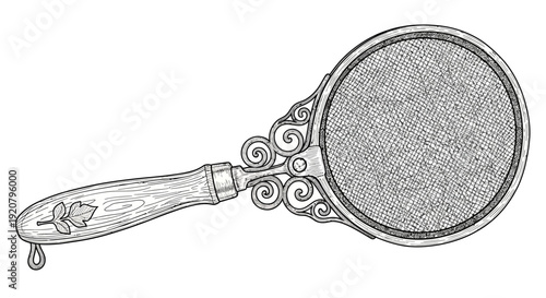 Elegant handheld mirror illustration with ornate frame and wooden handle