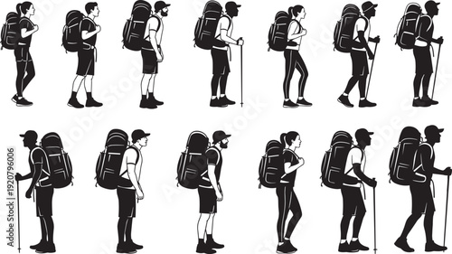 Black silhouette set of professional hikers walking with backpacks and trekking poles, isolated on white background for outdoor adventure design.