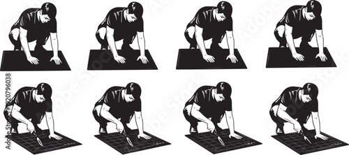 Black silhouette set of professional construction worker installing floor tiles and using manual tools, isolated on a clean white background.
