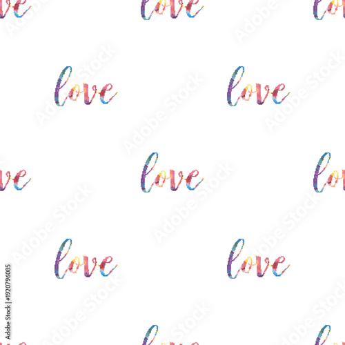 Colorful rainbow “love” pixel seamless pattern in a soft repeating layout. Perfect for fabric, Pride themes, Valentine designs, stationery, and print-on-demand products.