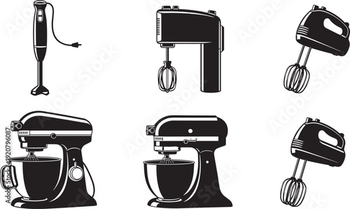 Black silhouette set of professional kitchen electric mixers, stand mixers, hand blenders, and food whisks, isolated on a white background.