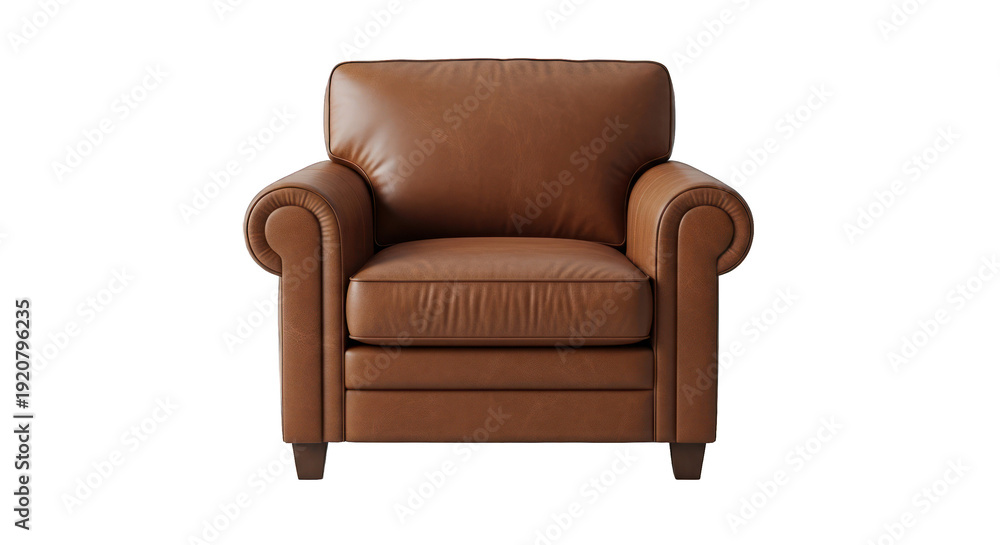 Fototapeta premium Front view of a plush, brown leather armchair with rolled arms, isolated on black