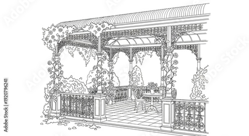 Elegant botanical pergola illustration with flowers and foliage in monochrome
