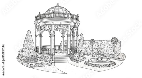Elegant gazebo with fountain in a garden setting illustration