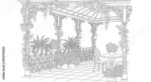Elegant pergola design with climbing plants and floral arrangements in grayscale