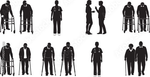 Elderly Care Silhouette Set with Senior Patients Using Walkers and Crutches, Doctors in Scrubs, and Caregivers Assisting Aging People Icons