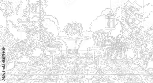 Garden scene with table chairs flowers and plants in grayscale design