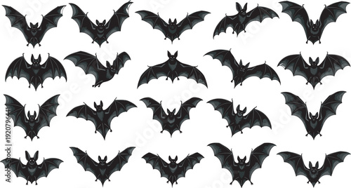 Flying Bat Silhouette Set with Multiple Wing Spans, Halloween Spooky Animals, Nocturnal Creatures, Gothic Design Elements, Vampire Bats, and Nature Icons