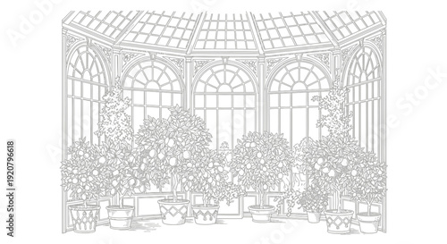 Elegant botanical illustration of greenhouse interior with potted plants