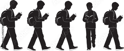 Student Silhouette Set with Boy Carrying Backpack and Reading Book While Walking, Education Concept, School Child Learning, Back to School Icons