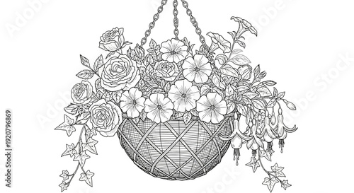 Hanging basket of flowers detailed black and white botanical illustration
