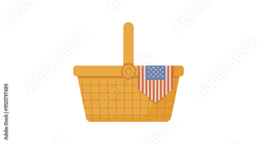 A yellow wicker picnic basket with an American flag draped over the side, set against a clean white background.