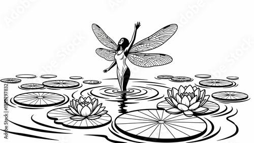 Fairy with Dragonfly Wings Emerging from Lily Pond, Enchanted Nature Scene