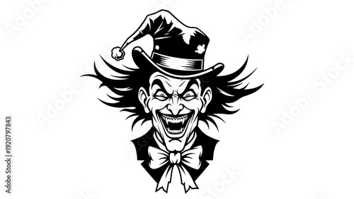 Evil Joker Clown with Top Hat and Bow Tie, Scary Grinning Face, Black and White Vector Art