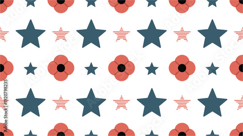 A vector graphic illustration of a seamless pattern featuring red poppies and blue stars on a white background