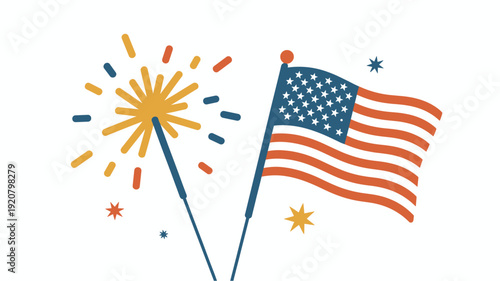 A vibrant vector graphic illustration of an American flag waving with a firework explosion in the background, symbolizing celebration and patriotism.