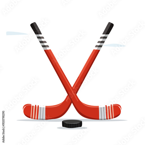 Crossed hockey sticks and puck on ice rink, hockey equipment, sports, competition, game