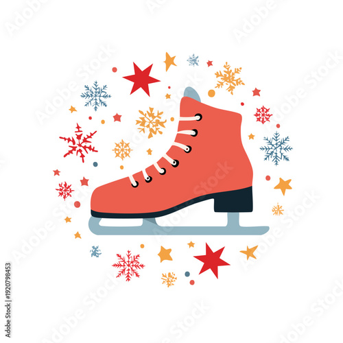 Vibrant ice skate surrounded by colorful snowflakes and stars, symbolizing winter sports and festive fun