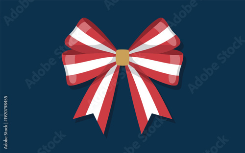 A red and white striped bow with a gold center on a dark blue background