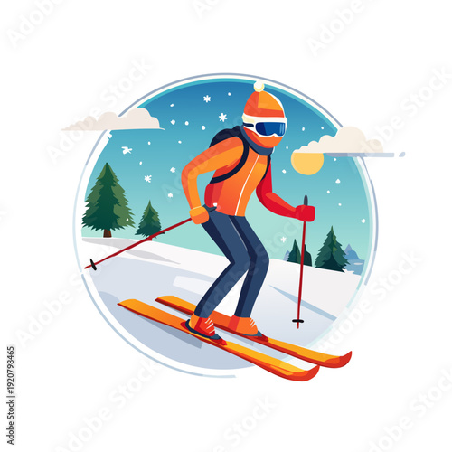 Skiing enthusiast in action on snow-covered slopes with pine trees and blue sky, viewed from a slight angle