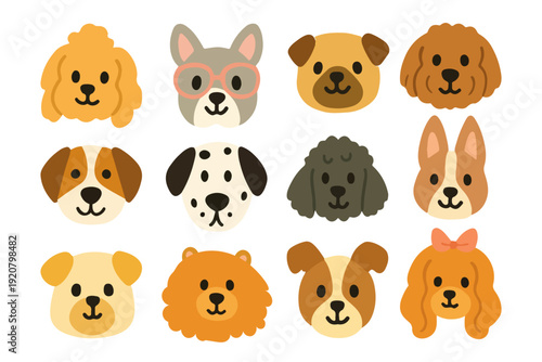 Cute dog faces collection. Set of cute flat style dog faces in different breeds vector illustration isolated on white background. Perfect for nursery design, stickers, pet branding and children design