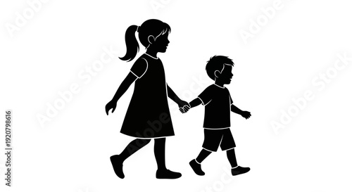 Teenage girl holding childs hand walking.