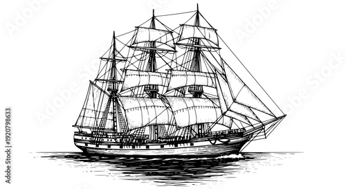 Majestic yacht sailing ship with large sails, cruising on the ocean waves, drawn in an engraved, woodcut style sketch engraving vector illustration. Scratch board. Transparent background SVG version.
