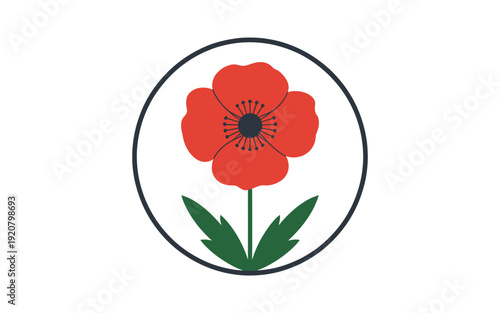 A minimalist vector graphic of a red poppy flower in a circular design
