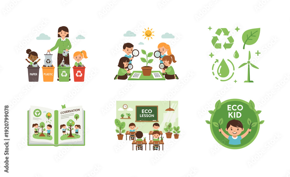 Fototapeta premium Eco-friendly kids learning composting and recycling in interactive classroom activities