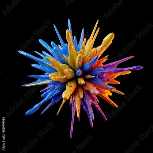 Vibrant multicolored glass sculpture explodes in dynamic blue orange and purple hues against black background