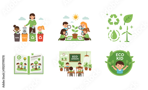 Eco-friendly kids learning composting and recycling in interactive classroom activities
