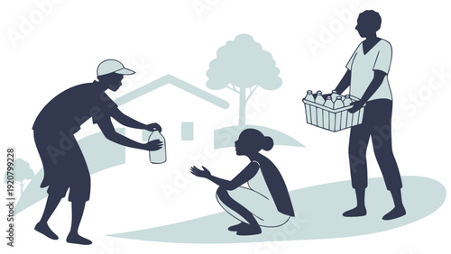 Silhouetted figures delivering and receiving bottled water in a community setting