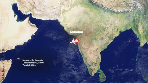 3D Earth Flight Route Mumbai To Rio De Janeiro With Dotted Path And HUD Data