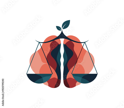 Colorful balance scale with abstract abstract brain waves and leaves symbolizing mental harmony