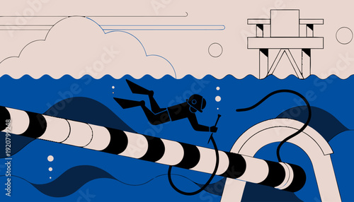 Underwater diver works on pipeline near industrial platform in stylized ocean with graphic elements