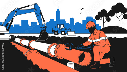 Construction worker assembling large pipe with bulldozer and crane on site, blue and orange tones