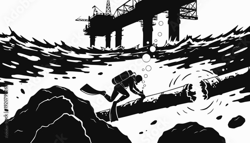 Silhouette of diver inspecting damaged pipeline near offshore oil rig in rough seas, black and white