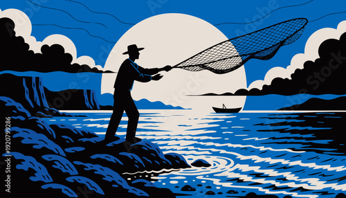 Fisherman casting net into ocean with large moon and dramatic clouds, blue and black tones