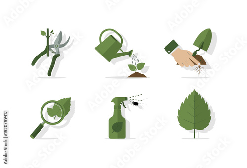 Flat gardening tools and plant care icons set for modern design projects