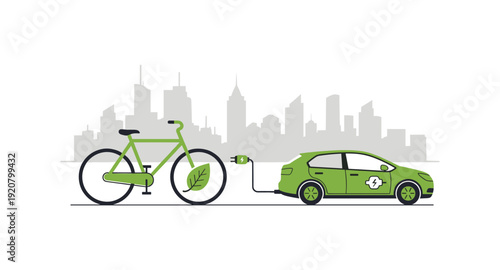 Sustainable urban transport: electric car and bicycle with charging connection in modern city skyline