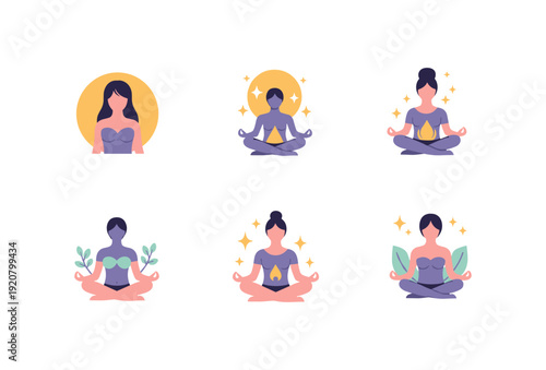 Minimalist yoga and meditation icons with nature elements