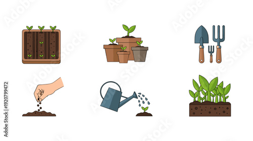 Spring gardening tools and plant growth icons set for home gardeners