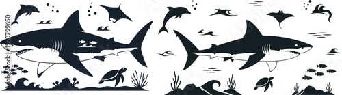 Two sharks swimming with fish and sea creatures in an underwater scene with seaweed and ocean plants