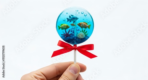 Hand holding colorful ocean lollipop with fish and red bow on white background sweet treat concept