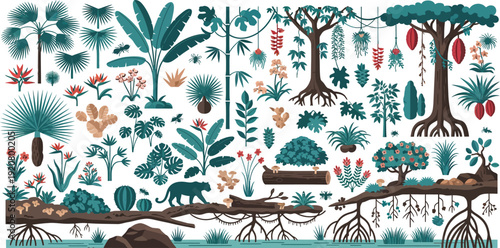 Colorful illustration of various tropical plants and trees on white background with roots and soil